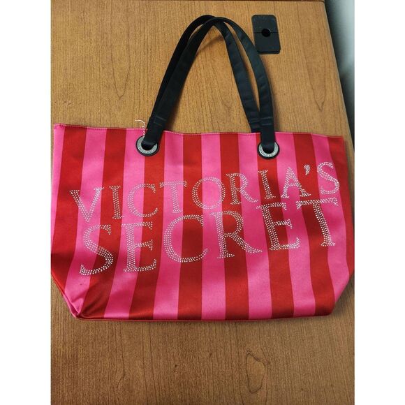 Victoria Secret Rhinestones Pink Red Vertical Stripe Large Tote Bag Weekender - Picture 1 of 7